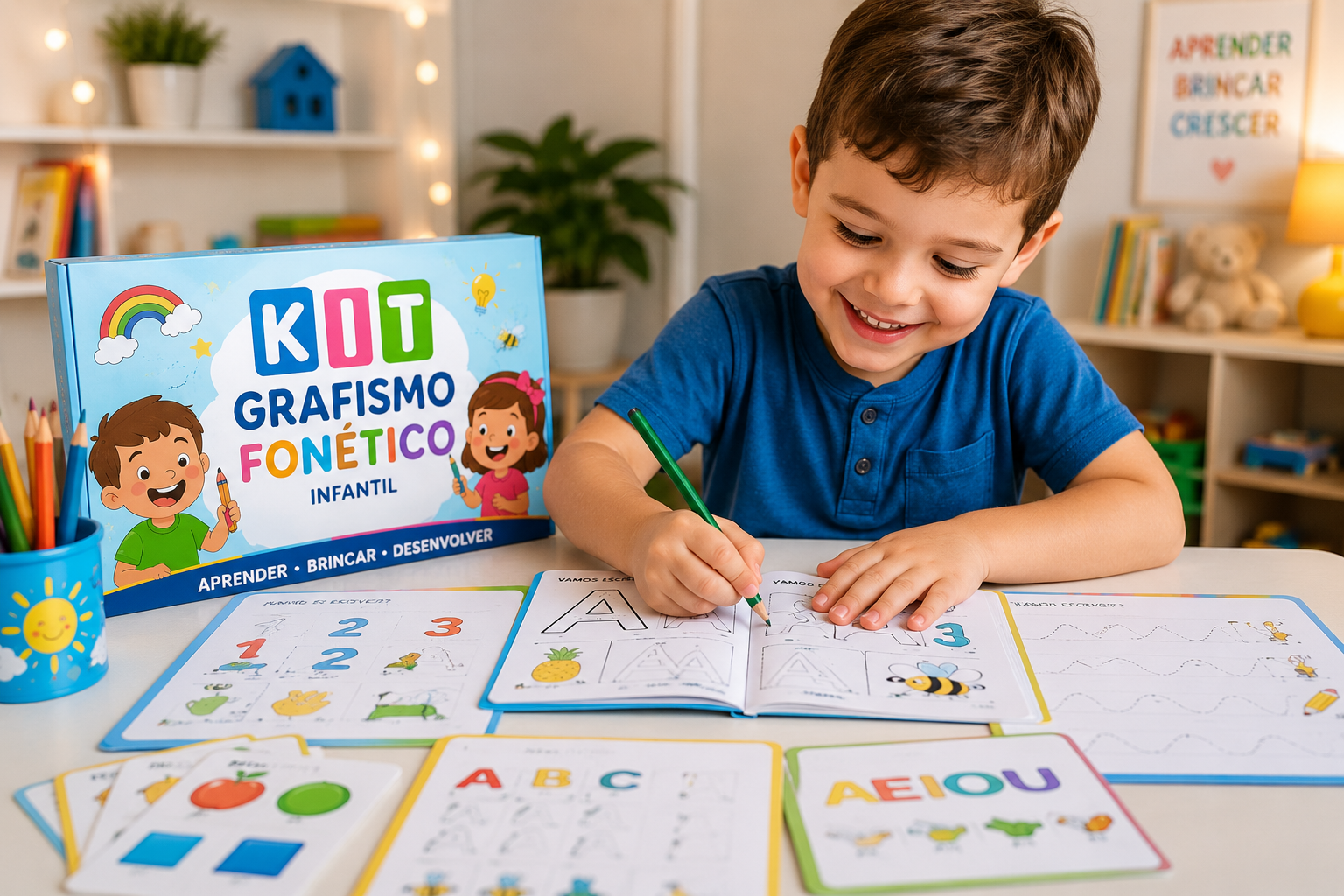 Menino usando o Kit Grafismo Fonético Infantil