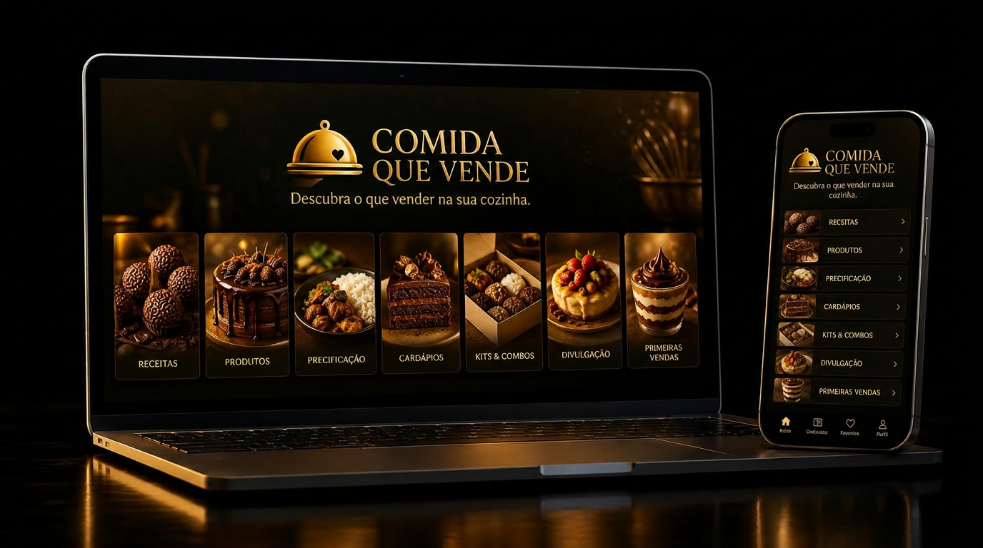 Biblioteca digital Comida que Vende™ — receitas, produtos, precificação, cardápios, kits e combos, divulgação e primeiras vendas